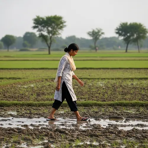 South Asian Girl Walking in Flip-flops in Mud