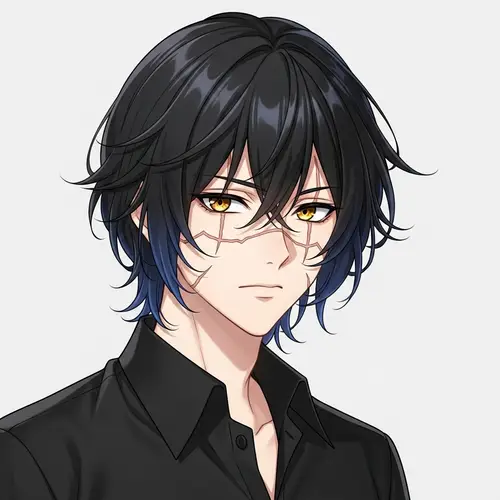 Fictional Anime Character with Black & Blue Hair | Golden Eyes
