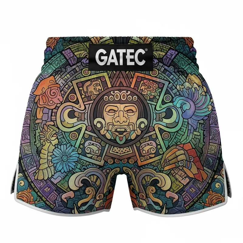 Vibrant Muay Thai Trunks with Aztec Art Design