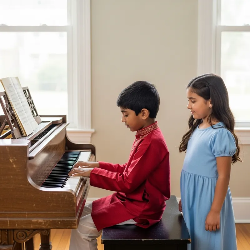 Captivating Piano Performance by Boy with Girl Listening