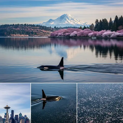 Cherry Blossom Season in Lake Washington with Orca and Space Needle View
