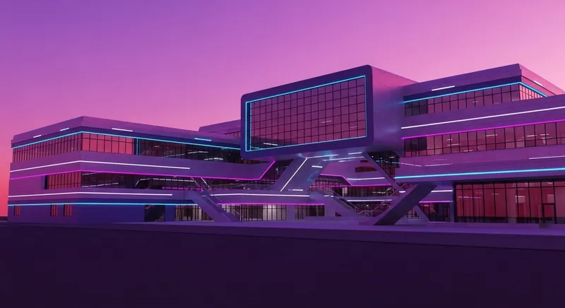 Futuristic School Building | Vibrant Neon Architecture at Sunset