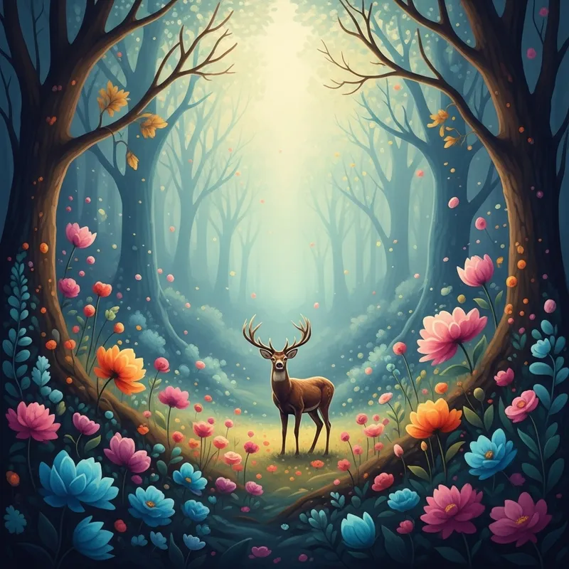 Enchanting Mystical Forest with Majestic Deer and Vibrant Flowers Enchanting Mystical Forest with Majestic Deer and Vibrant Flowers