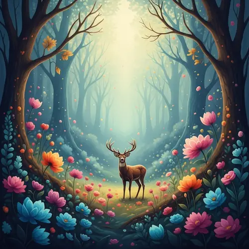 Mystical Forest with Majestic Deer and Vibrant Flowers