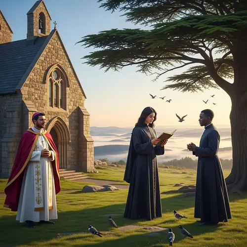 Three Priests in a Serene Landscape