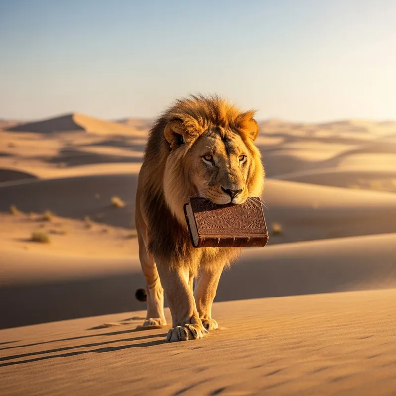 Lion Carrying Book in Desert