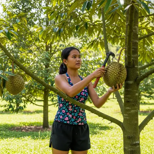 South Asian Girl Harvesting Durian Fruits in a Tropical Farm
