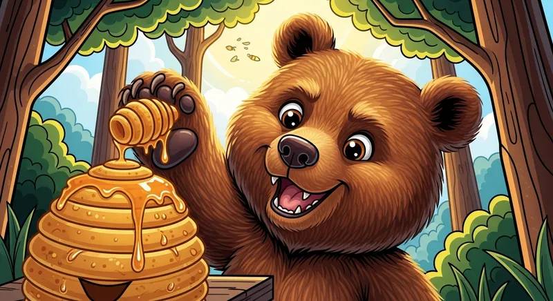 Mischievous Brown Bear Stealing Honey - Playful Cell Shading Art
