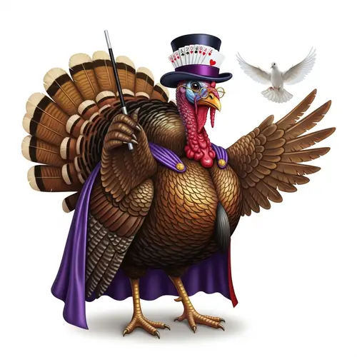 Magical Turkey Performing Tricks with Shiny Plumage and Outfit