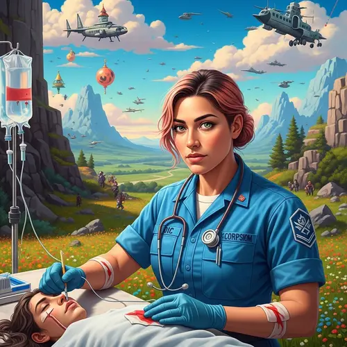 Hispanic Female Hospital Corpsman In Fantastical Landscape