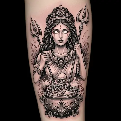 Goddess Tattoo: Unique Art with Skeleton Pot & Harley Davidson Necklace