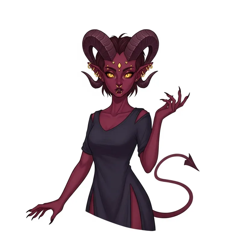 Burgundy Tiefling with Golden Eyes, Horns, Piercings, and Tail