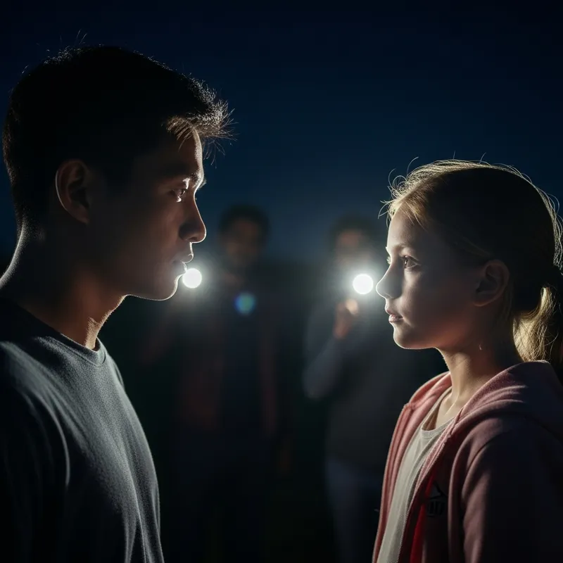 Night Profiles: Man and Woman with Flashlights in Background
