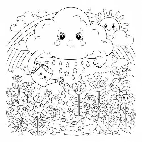 Whimsical Cloud Coloring Page: Planting Garden for Kids