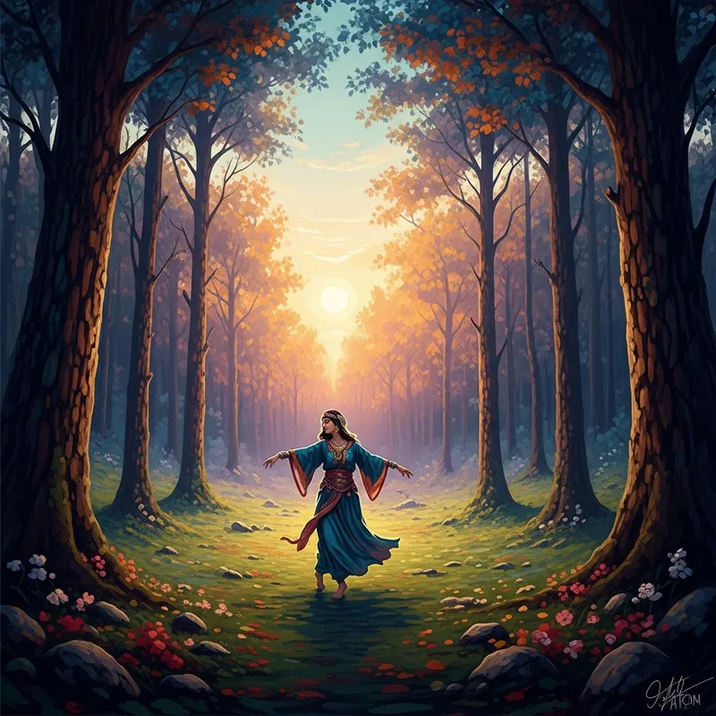 Impressionist Mystical Forest Sunset Dancing