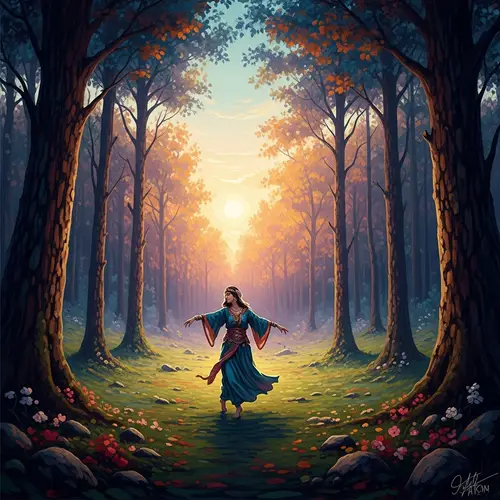 Mystical Forest Sunset Painting with Dancing Woman