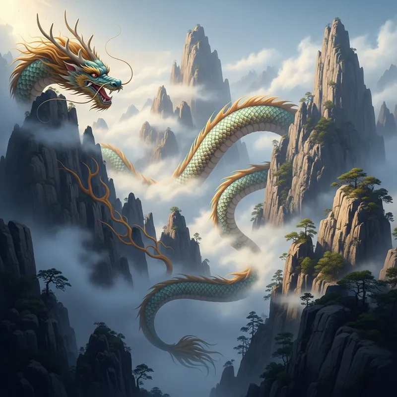 Chinese Dragon Winding Through Majestic Peaks