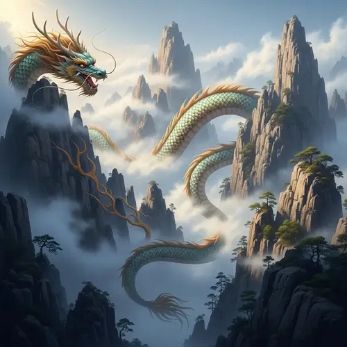 Chinese Dragon Winding Through Majestic Peaks