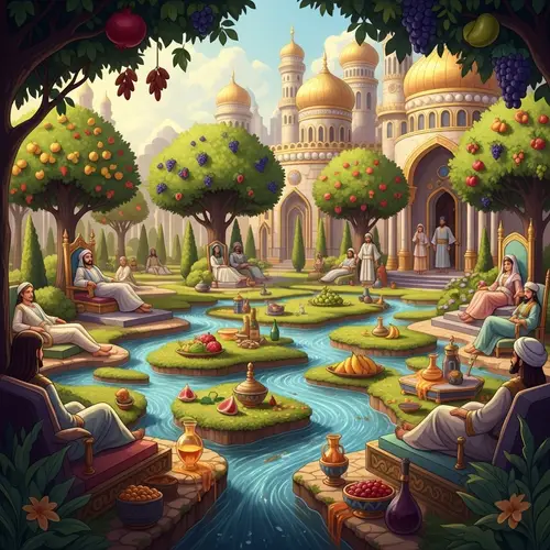 Paradise in Quran: Islam-Inspired Illustration of Lush Garden of Delights