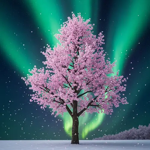 Majestic Cherry Blossom Tree with Aurora Borealis Lights