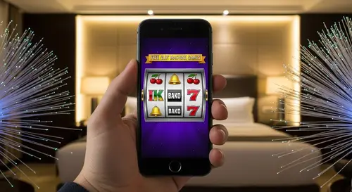 Hyper-Realistic Slot Machine Game on Black iPhone 7 in Luxury Hotel Room