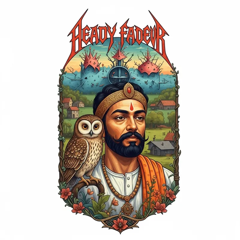 Dan Mumford Style Poster Art: South Asian Man and Owl Fusion