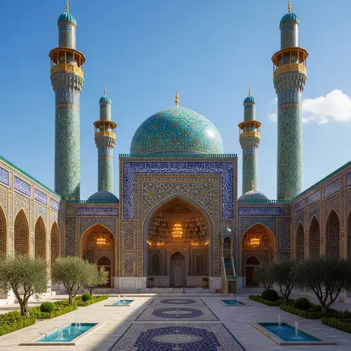Intricately Designed Islamic Mosque | Cerulean Sky & Geometric Patterns