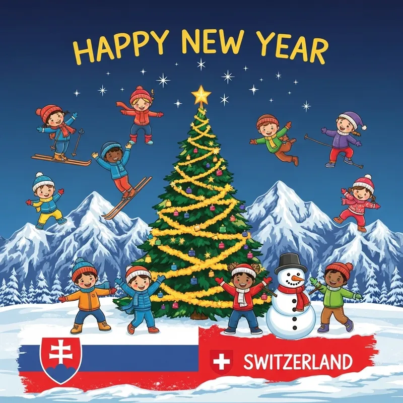 New Year T-Shirt Design: Ski Slopes, Christmas Tree & Playful Kids