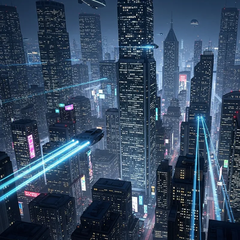 Futuristic Cityscape at Night: Skyscrapers, Flying Cars & Starlit Windows