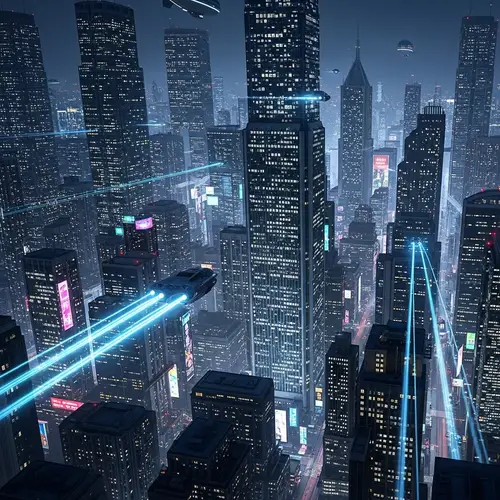 Futuristic Cityscape at Night: Skyscrapers & Flying Cars