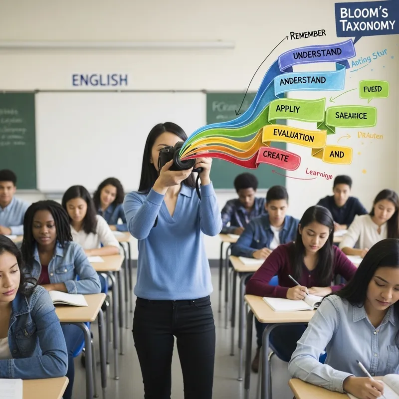 English Teacher Taking Photo with Blooms Taxonomy in Multicultural Classroom