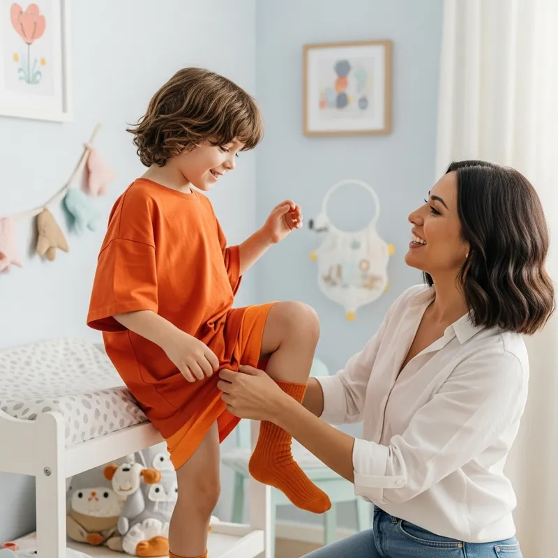 Cute 7-Year-Old Boy in Orange Shirt and Diaper with Mom