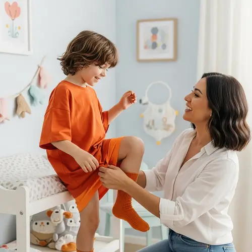 7-Year-Old Boy in Orange Shirt and Diaper Getting Help from Mom