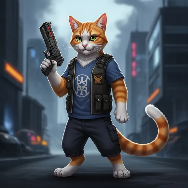 Anthropomorphic Cat with Gun in Dystopian City