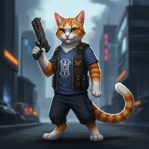 Anthropomorphic Cat with Gun in Dystopian City