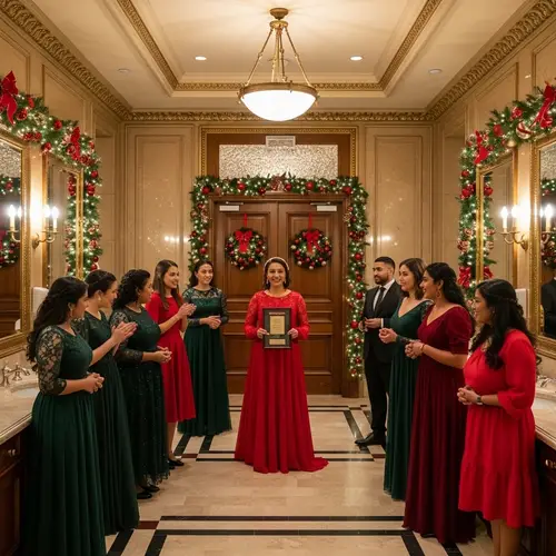 Festive Christmas-Themed Awards Ceremony in Lavish Restroom