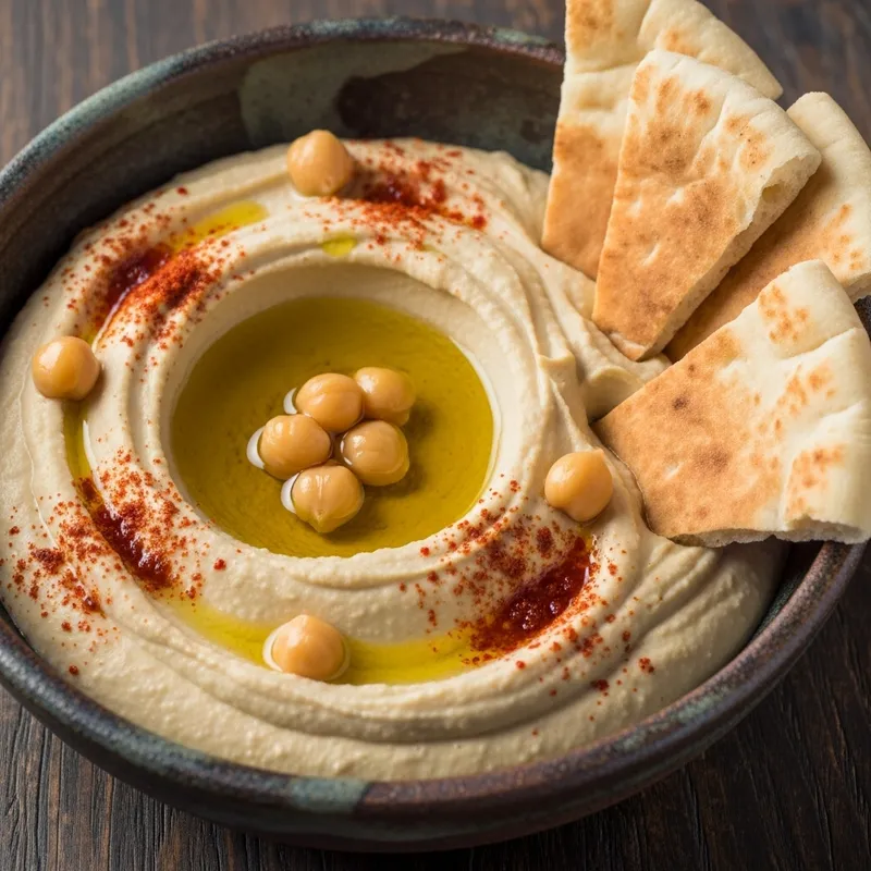 Creamy Traditional Middle Eastern Hummus in Ceramic Bowl