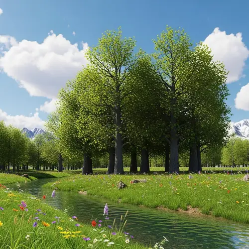 Serene Natural Landscape with Wildflowers, Stream, and Mountains