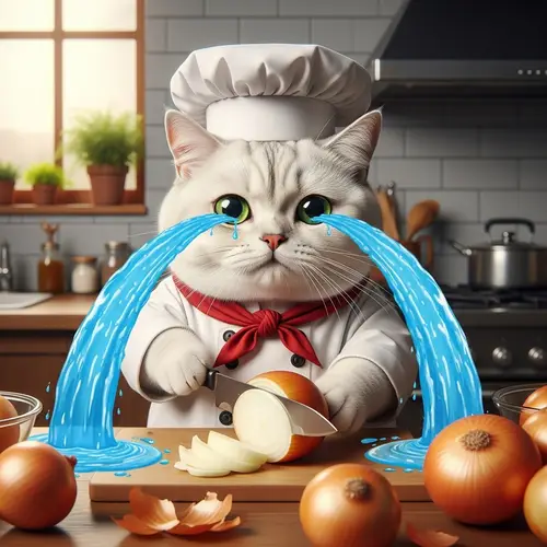 Cute White British Cat Chef Slicing Onion - Photorealistic Image