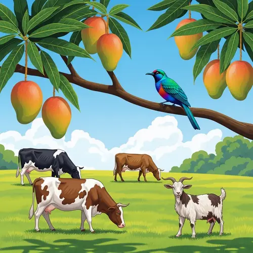 Tropical Bird and Farm Animals Illustration | Vibrant and Colorful Artwork
