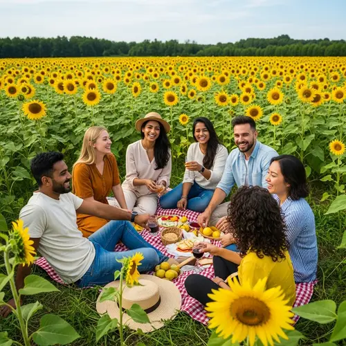 Vibrant Sunflower Field Picnic with Diverse Friends | Joyful Moment