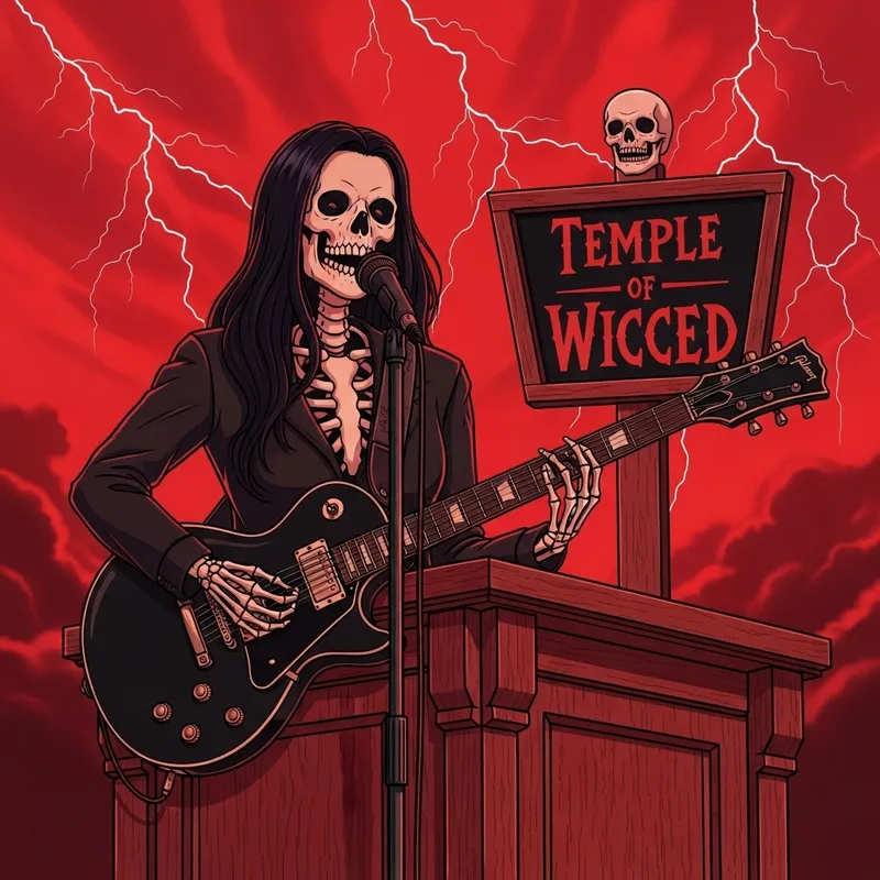 Temple of Wicced: Ethereal Skeleton Preacher Playing Guitar with Lightning