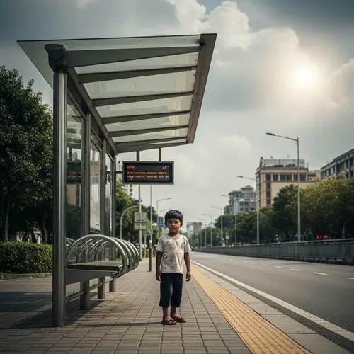 Innocence and Resilience: South Asian Boy at Urban Bus Stop