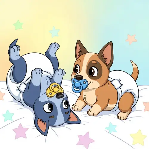Blue and Tan Animated Cartoon Heeler Puppies in Diapers