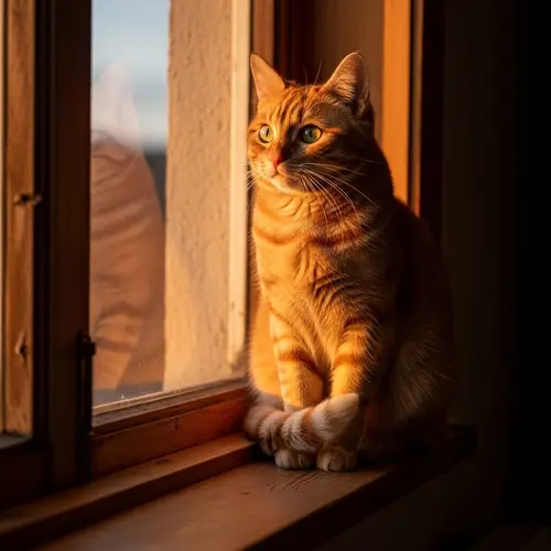 Beautiful Sunset Cat Sitting Comfortably on Windowsill