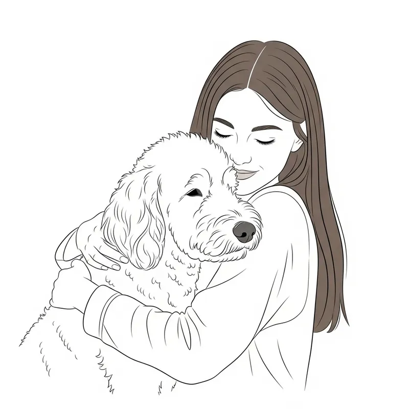 Minimalist Vector Illustration of Young Woman Embracing White Curly Dog Minimalist Vector Illustration of Young Woman Embracing White Curly Dog