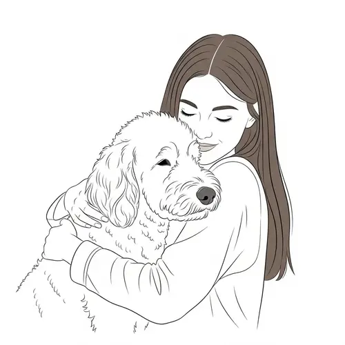 Minimalist Vector Illustration of Young Woman Embracing Adult White Curly Dog