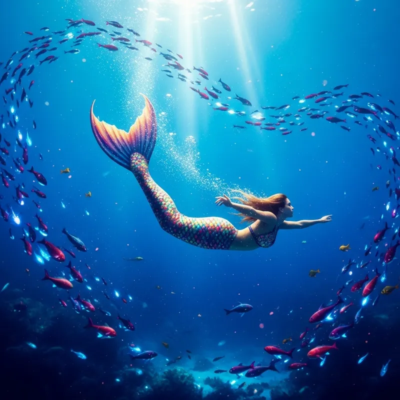 Fantasy Mermaid Swimming in Vibrant Bioluminescent Underwater Scene