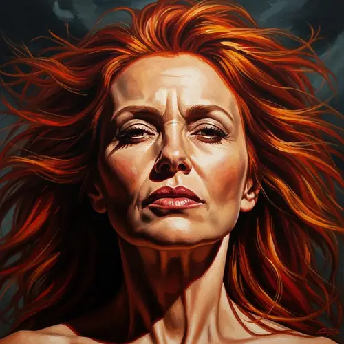 Middle-Aged Woman with Fiery Red Hair - Oil Painting