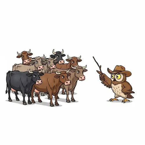 Humorous Owl Herding Cattle in Comic Style